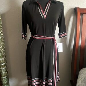 Enfocus Studio Black Midi Dress with V-Neck and Polo Collar